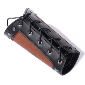 Vintage punk PU leather arm guard with metallic rivets and lace-up closure in brown and black