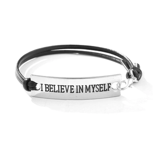 Men's leather bracelet with silver plaque engraved I BELIEVE IN MYSELF slogan