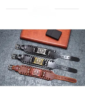 Viking Mjölnir genuine leather bracelets with woven edges and vintage metal hammer charms