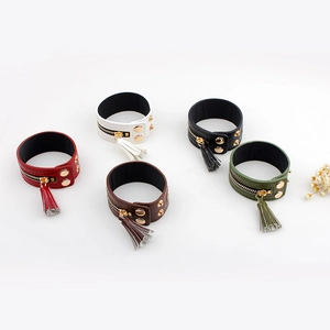 Set mit fünf breiten Lederarmbändern mit Reißverschluss und Fransen in verschiedenen Farben