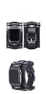 Close-up detail of punk style black genuine leather watch band with silver metal rivets