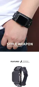 Detail of wide punk style black leather strap for Apple Watch with woven edges and studs