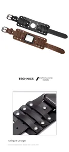 Detailed view of punk style leather Apple Watch bands with metallic rivets and wide base