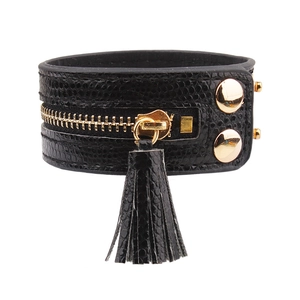 Minimalistisches breites Lederarmband in Schwarz mit Gold-Reißverschluss und Quaste