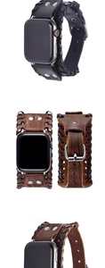 Detailed view of punk style leather cuff band with metal studs for smartwatches