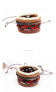 Détail de bracelets multicouches en perles de bois et cuir avec cordons réglables