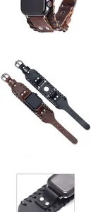 Macro shot of retro leather iWatch strap with braided stitching and metal rivet details