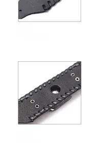 Detail of black top grain leather Apple Watch band with punk style stitching and metal eyelets