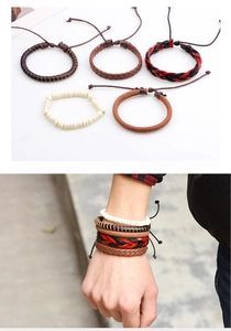 Détail de lot de 5 bracelets pour hommes en cuir et perles avec cordons réglables