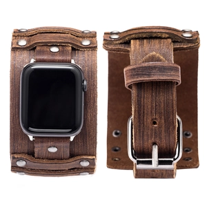 Dark brown leather cuff watch band with silver rivets for smartwatches