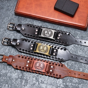 Three Viking leather bracelets with Mjölnir metal plate in black and brown styles