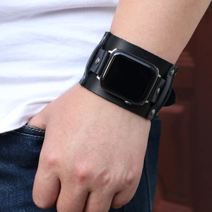 Punk style wide black leather watch band with metal rivets for iWatch smartwatch