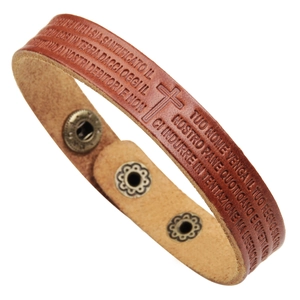 Brown genuine leather bracelet with embossed cross and Lord's prayer with metal snaps