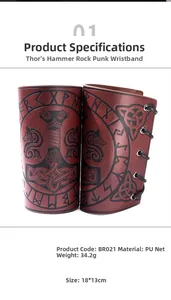 Detail of PU leather wristband featuring Nordic Thor's Hammer and runic pattern