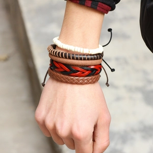 Ensemble de Bracelets en Cuir Vintage pour Hommes Bohème Tressé Cordon Ciré Perles en Bois Bracelet Multicouche Bijoux