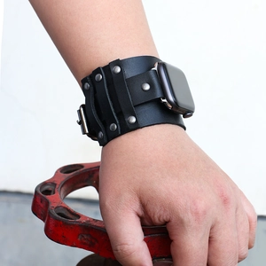 Punk style genuine black leather wide band with silver rivets for Apple Watch
