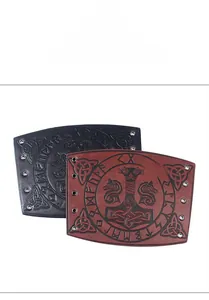Close-up of embossed PU leather bracers featuring Mjolnir and Norse rune engravings