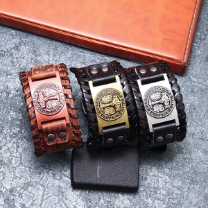 Three Nordic Viking leather bracelets with Thor's hammer Mjölnir and Runic metal plates