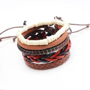 Lot de 5 bracelets multicouches bohèmes en cuir PU et perles de bois pour hommes