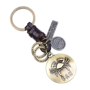 Porte-clés punk rétro signe Cancer avec lanière en cuir et pendentif en bronze