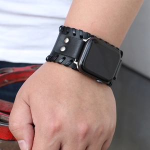 Black leather cuff watch strap with braided edges and silver studs for Apple Watch