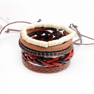 Bracelet multicouche ajustable en cuir pour homme avec perles en bois et cordons tressés