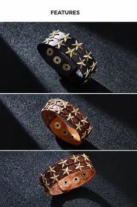 Dettaglio di bracciali in pelle vintage con borchie a stella e chiusura a scatto regolabile