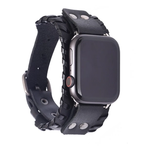 Retro black leather cuff watch strap with punk rivets for Apple iWatch smartwatches
