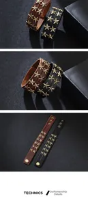 Dettagli di bracciali in pelle vintage con borchie a stella dorate e bottoni a pressione