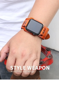 Retro orange-brown genuine leather cuff strap with silver rivets for smartwatches