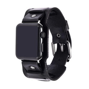Close-up of wide cuff black leather strap with silver rivets for Apple Watch