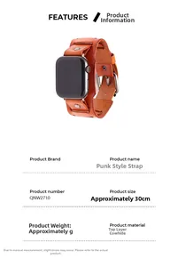 Detailed view of punk style brown leather strap with rivets for Apple Watch