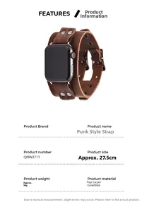 Detailed specs of the vintage dark brown leather punk watch strap made of top layer cowhide