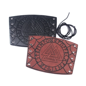 Viking leather bracers with embossed Valknut symbol and rune circle in black and brown