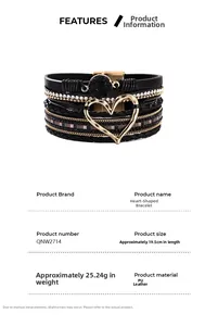 Detail view of heart charm multi-layer braided leather bracelet with size and weight specs