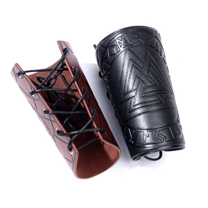 Vintage Viking leather bracers with Valknut symbol and embossed Norse runes pattern