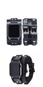 Detail of black leather cuff watch strap with silver studs and double pin buckle