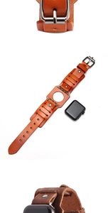 Detail of brown genuine leather Bund watch band with silver buckle for Apple Watch