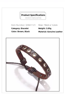 Macro detail of vintage brown braided leather bracelet with metal eyelets and cord knot
