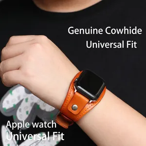 Vintage Punk Echtes Rindsleder Smartwatch Armband Kompatibel Manschette Armband Retro Lederband Mit Metallnieten Für Damen Herren