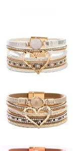 Detail view of Bohemian multi-layer leather bracelet with rhinestone heart and magnetic clasp