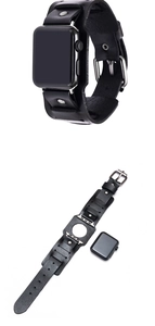 Detail of black leather cuff watch strap for Apple Watch with vintage punk style aesthetic
