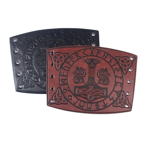 Leather Viking bracers with Mjölnir and dragon embossing in black and brown finishes