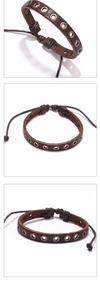 Detailed views of brown leather bracelet featuring metal eyelets and adjustable cord