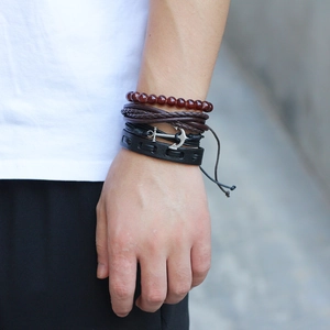 Vintage Nautical Leather Braided Bracelet Set For Men Handmade Alloy Anchor Pendant Beads Wrap Bracelet Retro Jewelry