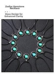 Macro display of twelve constellation necklaces with glowing glass pendants on black background