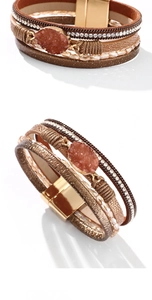 Close-up detail of Bohemian multi-layer PU leather bracelet with druzy stone and magnetic clasp