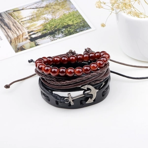 Men's retro navy leather bracelet set featuring beaded strands and silver anchor charm