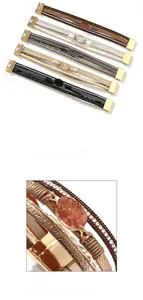 Detail of bohemian multilayer PU leather bracelet with crystals and magnetic clasp