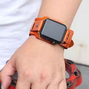Vintage brown leather cuff watch band with silver rivets compatible with Apple Watch